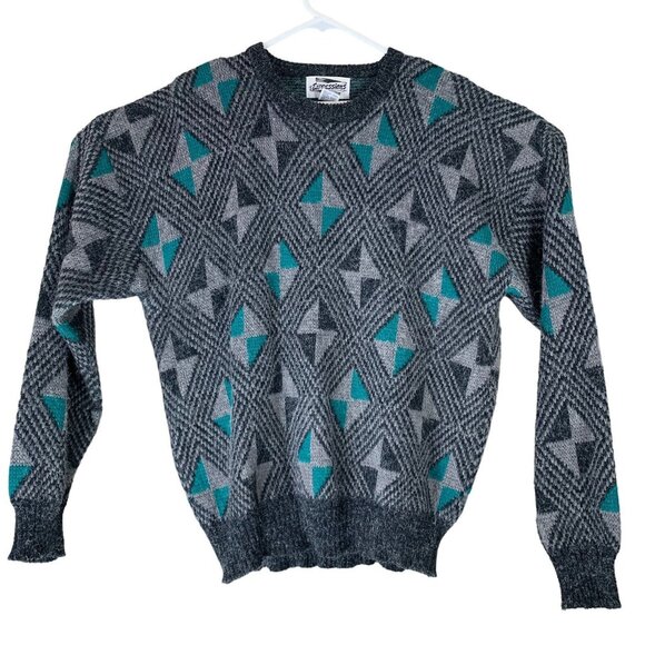 Vintage Sweater Expressions Size Large Fuzzy Argyle Print Black Teal - Picture 1 of 5